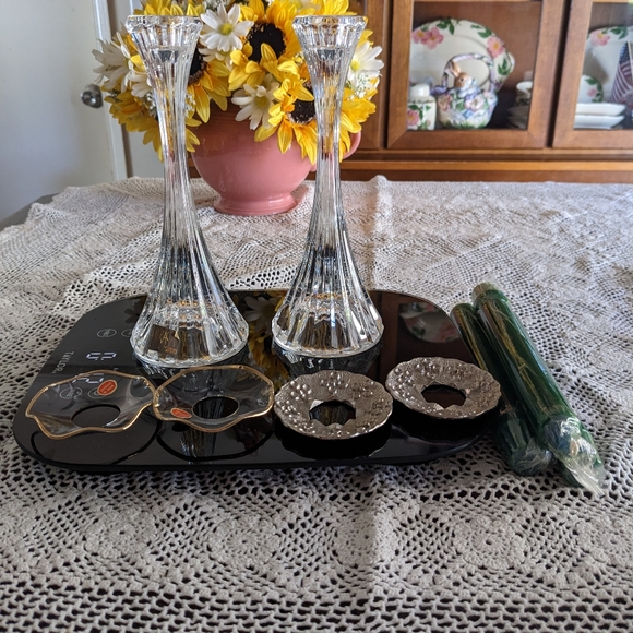 Mikasa set of two crystal candle holders, wax catcher rings, & candles - Picture 3 of 4